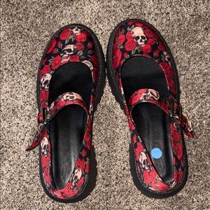 Black Mary Jane Flats with Red Rose & Skull Print